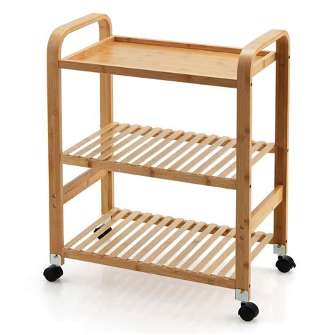 Gymax Tier Kitchen Serving Trolley Cart Mobile Bamboo Storage Shelf