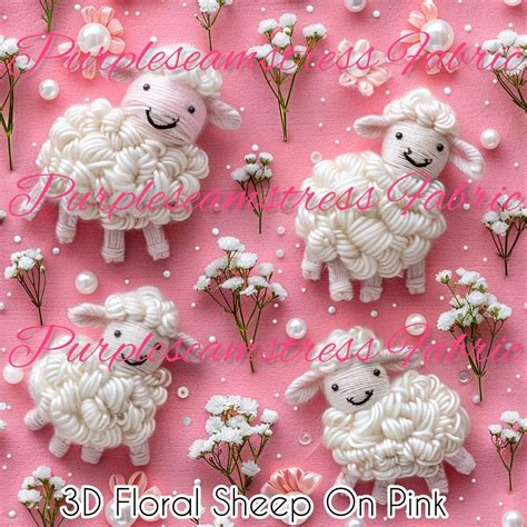 D Floral Sheep On Pink Purpleseamstress Fabric