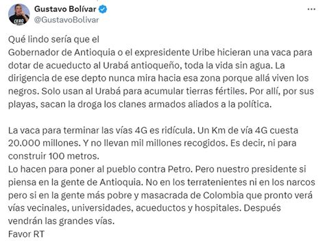 Gustavo Bolívar Volvió A Atacar La ‘vaca Por Las Vías De Antioquia “declaran Cero Pesos En Sus