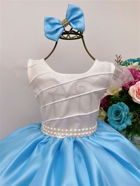 Vestido Infantil Peito Nervura Marfim Saia Azul Beb C La O Rosa