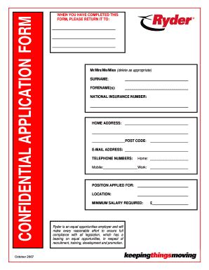 Fillable Online Confidential Application Form Ryder Fax Email Print