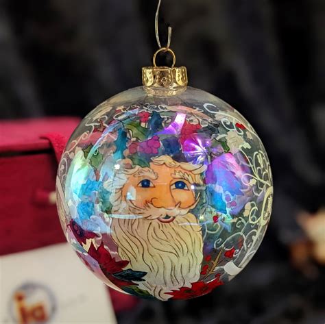 Stunning Reverse Painted Ornament Iridescent Glass Ball W Santa