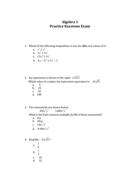 Keystone Algebra 1 Practice Test