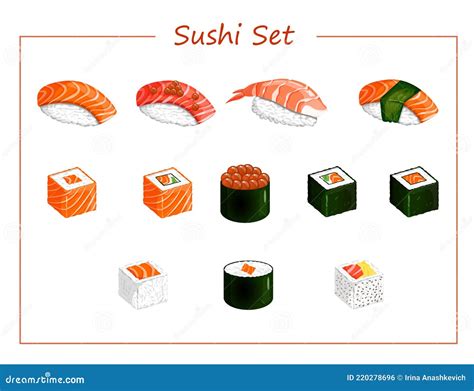 Sushi And Roll Set Such As Nigiri Gunkan Maki Uramaki Futomaki