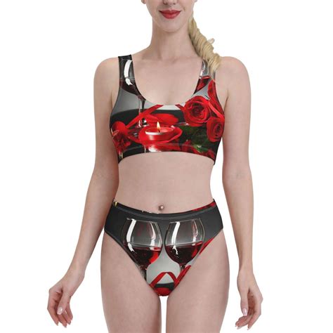 Adobk Red Wine Rose Print Women High Waisted Bikini Set Sports Swimsuit