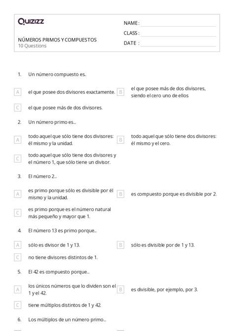 50 Números primos y compuestos hojas de trabajo para Grado 1 en