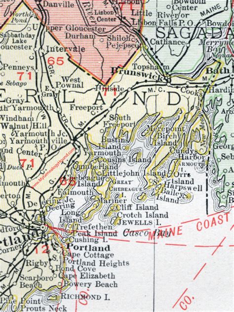 Cumberland County, Maine, 1912, map, Portland, South Portland, Westbrook, Brunswick, Gorham ...