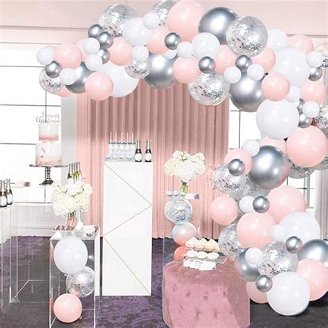 Silver Pink Balloons Garland Kit Pcs White And Silver Confetti