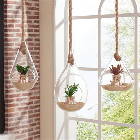 Danya B Teardrop Clear Glass Hanging Planter With Rope Decorative Vase