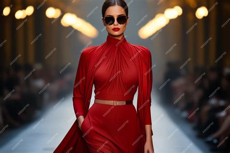 Premium Photo Woman In Red Dress And Sunglasses On Runway Generative Ai