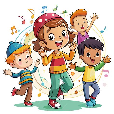 happy cartoon kids dancing  singing   notes premium
