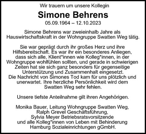 Traueranzeigen Von Simone Behrens Hamburgertrauer De