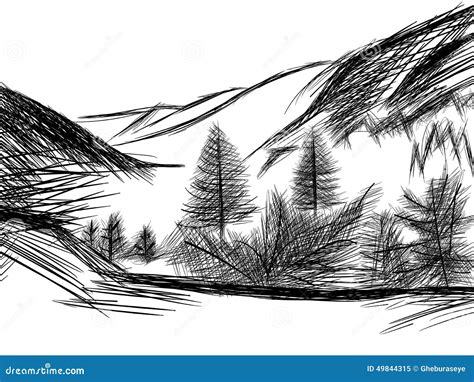 Sketch Of Mountain Landscape In Black And White Stock Vector ...