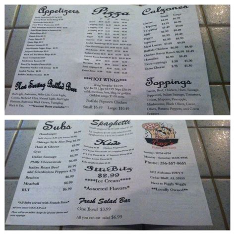 Menu At Tony S Pizza Subs Pizzeria Cedar Bluff