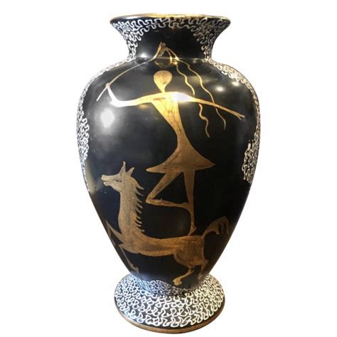 Mid Century Modern Hand Painted Black Gold Ceramic Italian Vase