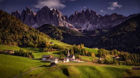 4k 5k 6k Val Di Funes Italy Mountains Scenery Houses Church