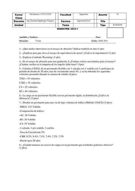 Evaluación T1 2023 Curso Clase Pavimentos 2234133428 Facultad