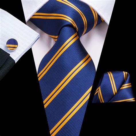 Best Fast Shipping Ties Mens 100 Silk Fashion Navy Blue Gold Striped Tie Hanky Cufflinks Sets