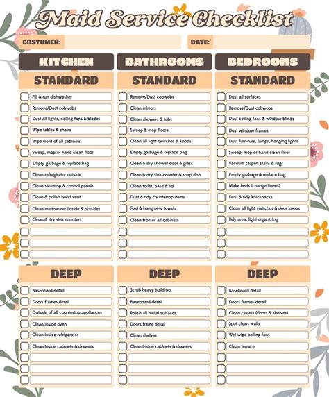 A Printable Maid Service Checklist With Flowers And Leaves On The Side