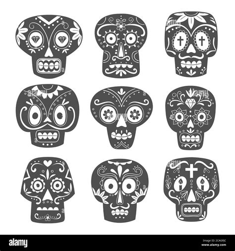 Mexican Skull Set Cute Black And White Sugar Skulls In Cartoon Style Vector Illustration Stock