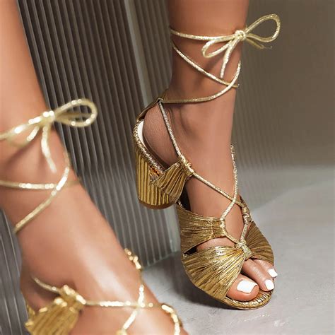 Summer Gold Heels Cross Strappy Lace Up Sandals For Women Elegant