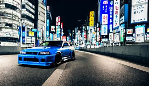 KREA Wideshot Of A Bayside Blue R34 Skyline GT R Driving In Tokyo At