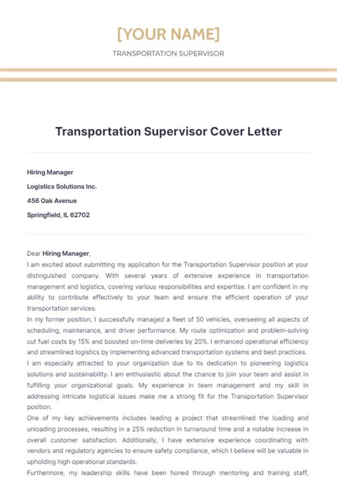 Free Transportation Supervisor Cover Letter Template Edit Online