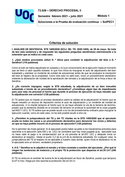 73528 Sol PEC 1 73 DERECHO PROCESAL II Semestre Febrero 2021