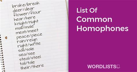 List Of Common Homophones