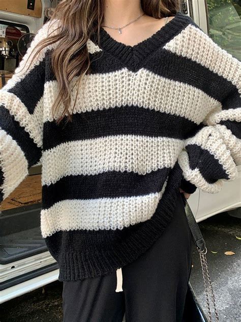 Emmiol Free Shipping 2023 V Neck Oversized Striped Pullover Sweater