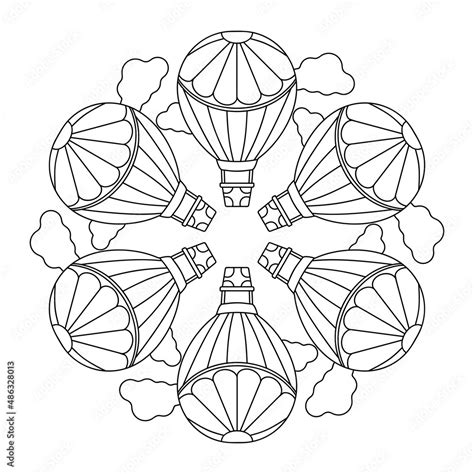 Hot Air Balloons Coloring Book Page Mandala Vector Contour Drawings For Design Stock Vector
