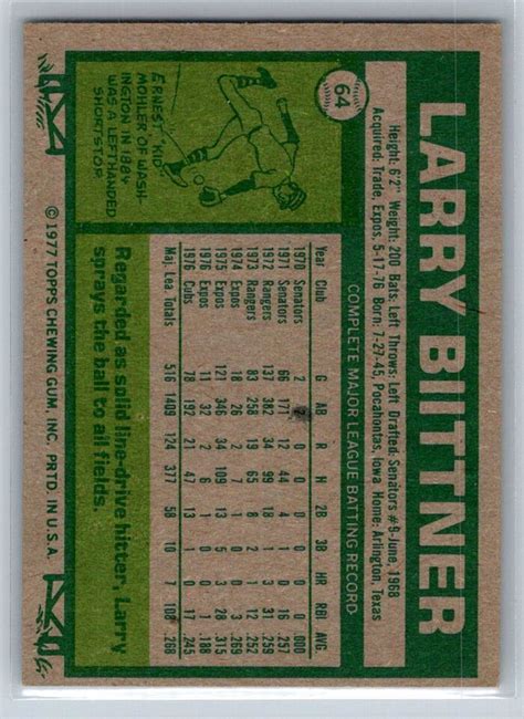 Larry Biittner 1977 Topps Baseball 64 Chicago Cubs EBay