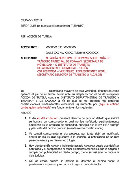 Minuta DE Accion DE Tutela Comparendo DE Transito 2021 CIUDAD Y FECHA