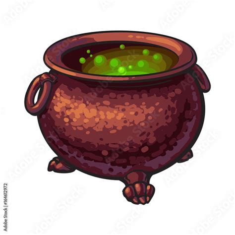 Halloween Cauldron With Boiling Green Potion Inside Sketch Style