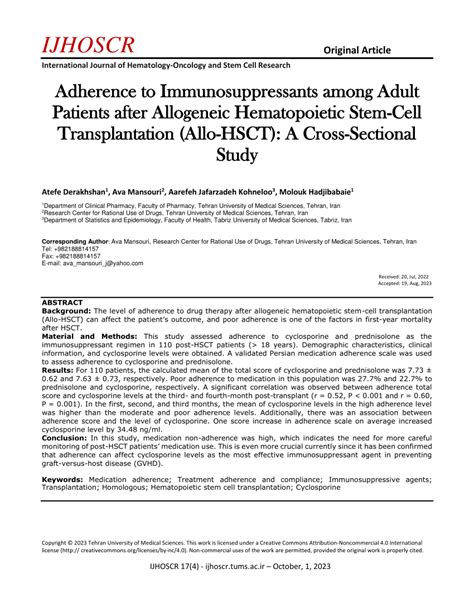 Pdf Adherence To Immunosuppressants Among Adult Patients After Allogeneic Hematopoietic Stem