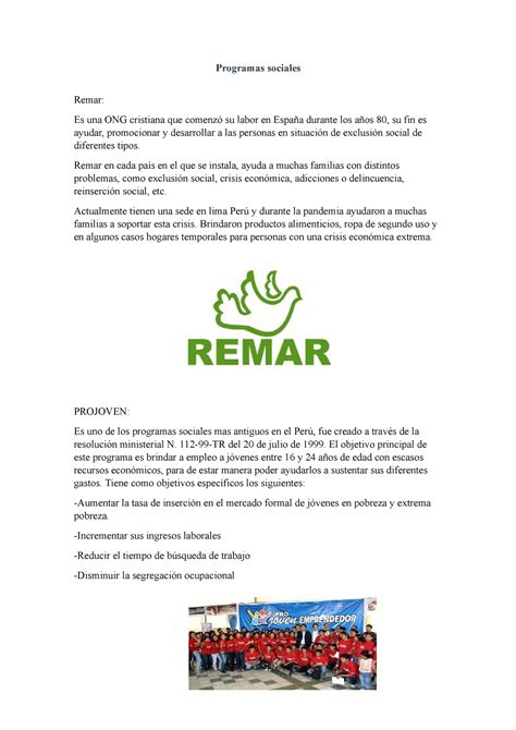 Semana 13 Tema 1 Tarea Programas Sociales Programas Sociales Remar