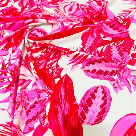 Hot Pink Leaves Print Nylon Spandex Fabric 4 Way Stretch By The Yard For Swimwear Dancewear