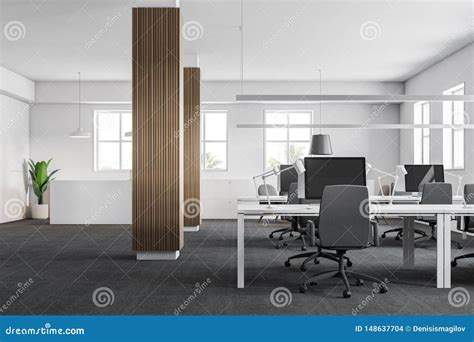 Wooden Column Open Space Office Interior Stock Illustration