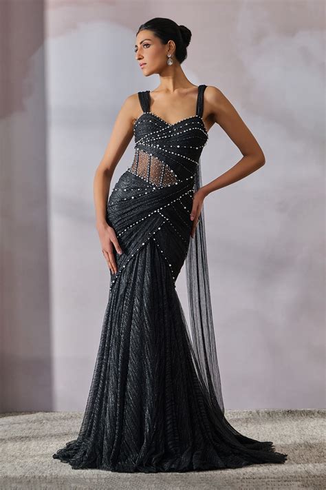 Buy Black Crinkle Net Embellished Crystal Sweetheart Neck Fluted Gown