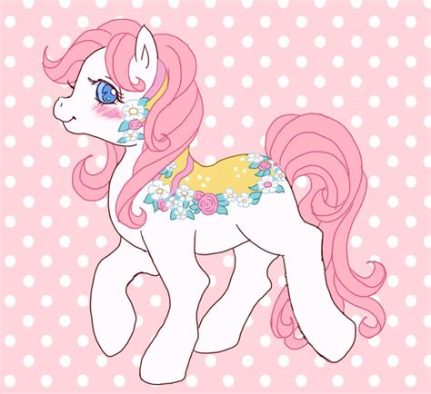 A Pink Pony With Flowers On Its Mane And Blue Eyes Is Standing In