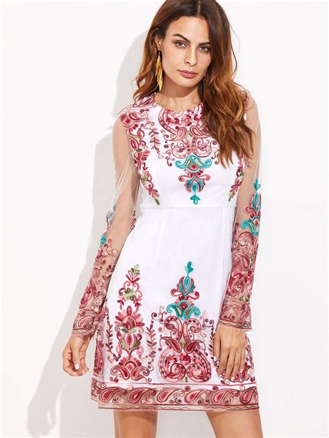 Shop White Sheer Sleeve Embroidered Mesh Overlay Dress Online Shein