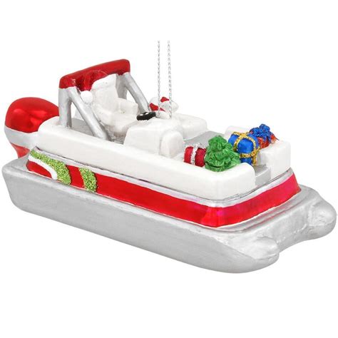 Pontoon Boat With Christmas Tree Glass Ornament 1399