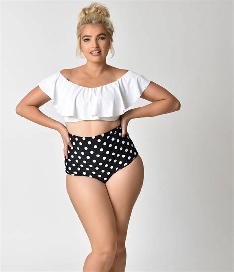 Unique Vintage Plus Size Black And White Dotted High Waist Louise Swim Bottoms Unique Swimsuits