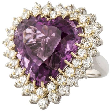 Heart Shaped Amethyst And Diamond Ring In Yellow Gold For Sale At