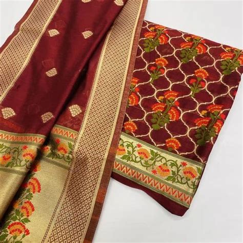 Classic Maroon Golden Floral Chanderi Suit Set With Dupatta At Rs 1100