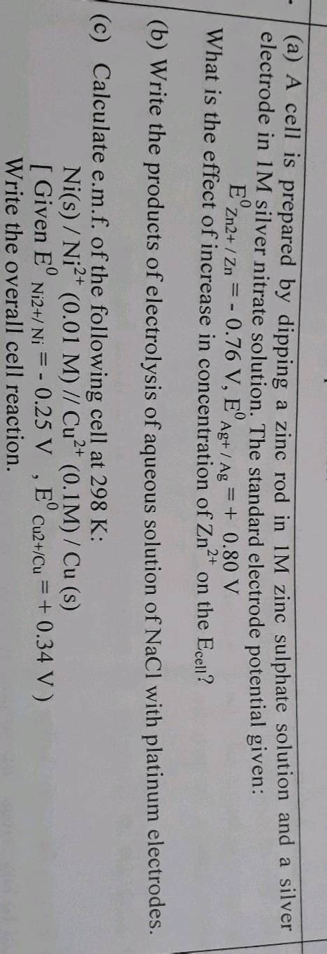 A A Cell Is Prepared By Dipping A Zinc Rod In 1M Zinc Sulphate