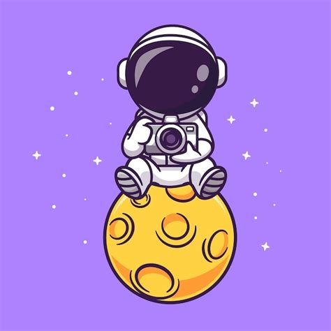 Bonito astronauta segurando a câmera na lua dos desenhos animados