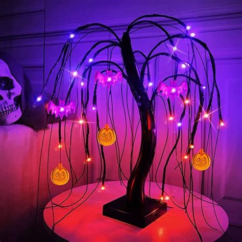 24 Led Orange Purple Lighted Halloween Willow Tree Decoration With