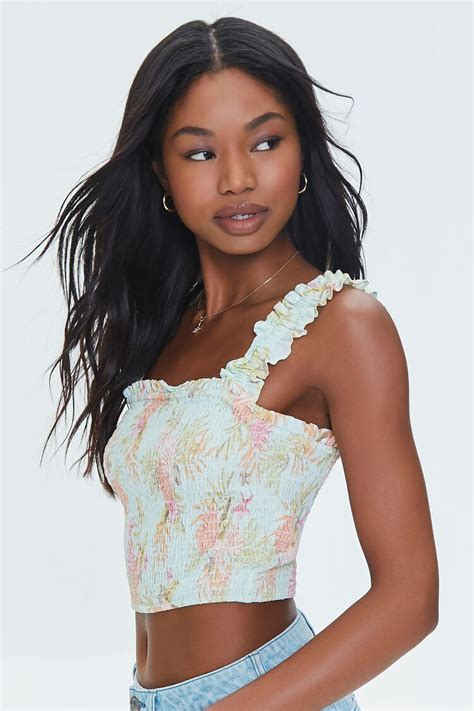 Tropical Leaf Smocked Crop Top Forever21us