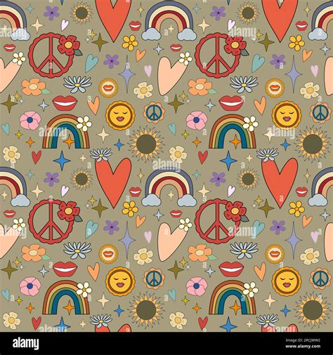 Groovy Hippie 70s Seamless Pattern Funny Cartoon Flowers Rainbow